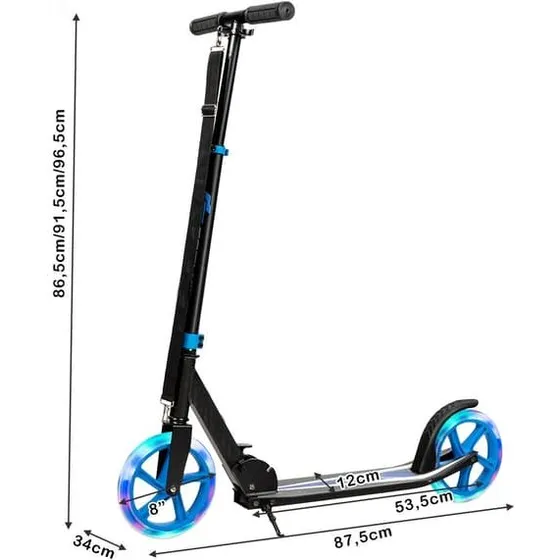 Foldbar løbehjul med LED-hjul, blå - Højdejusterbar