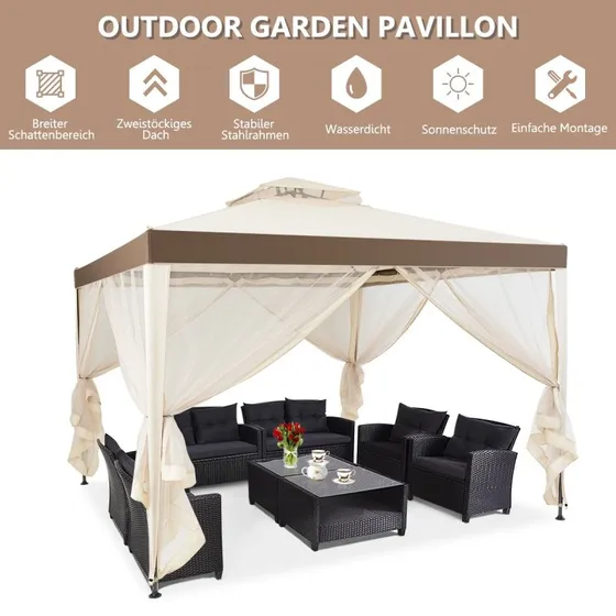 Havepavillon Festtelt med 4 sidevægge, 300x300x265 cm, beige