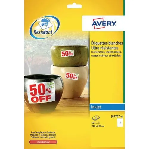 Avery J4775-10 polyesteretiketter A4 hvid 10 stk