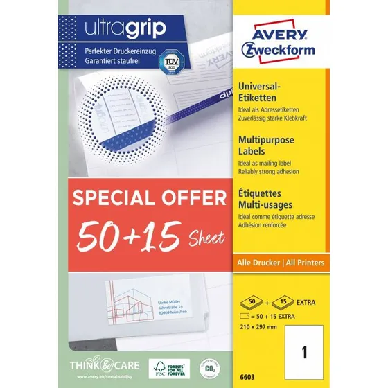 Avery Universaletiketter 210x297 mm, 65 ark (Ultragrip)