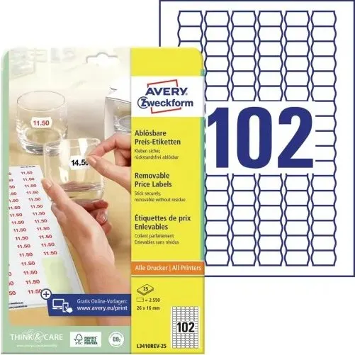 Avery L3410REV-25 aftagelige prismærker 26×16 mm, 2550 stk