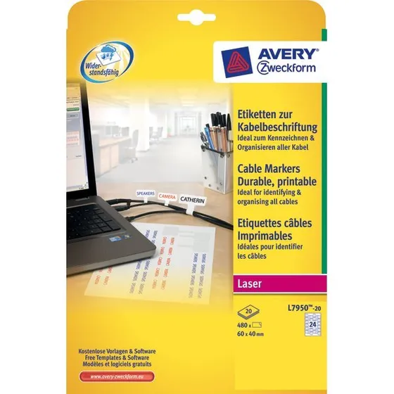 Avery L7950-20 kabelmærkater 60x40 mm, hvide, 480 stk