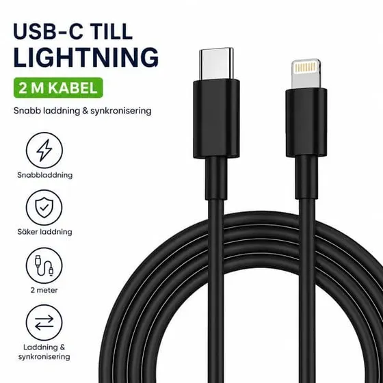 USB-C til Lightning-kabel 2 m Sort – til iPhone og iPad