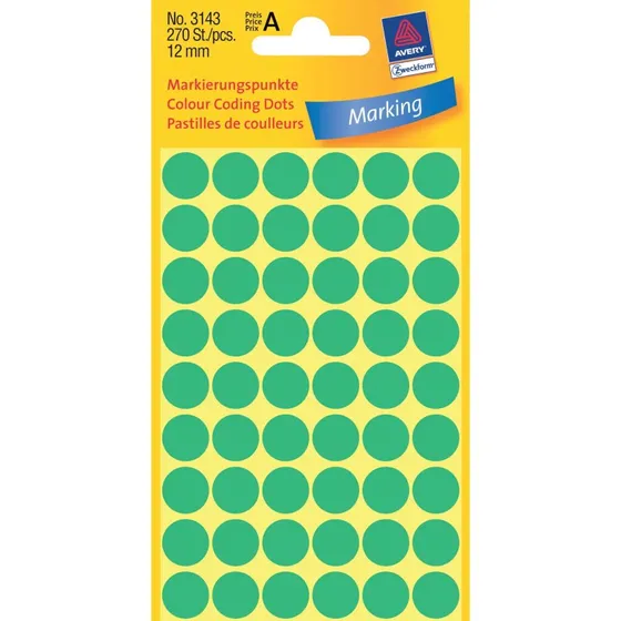 Avery Etiketter 3143 grøn Ø12 mm, 270 stk