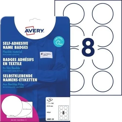 Avery J4881-20 selvklæbende navneskilte Ø65 mm til Inkjet, 160 stk
