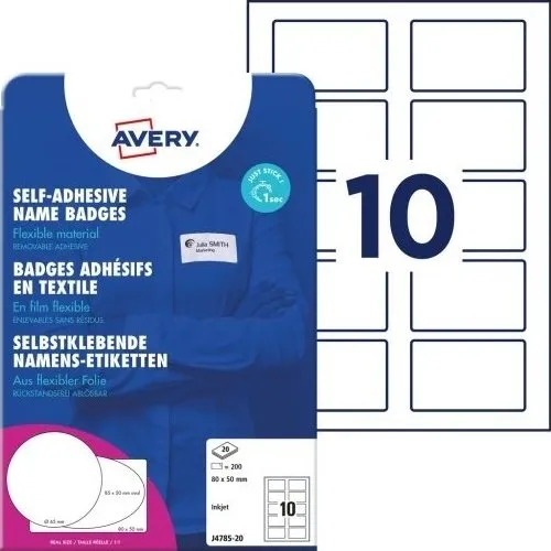 Avery J4785-20 selvklæbende navneskilte 50 x 80 mm, 200 stk