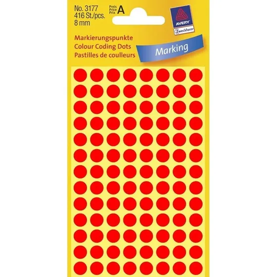 Avery 3177 etiketter neonrød Ø8 mm, 416 stk