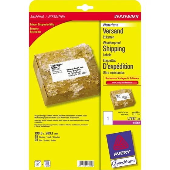 Avery L7997-25 vejrbestandig pakkeetiket 199,6x289,1 mm 25 stk
