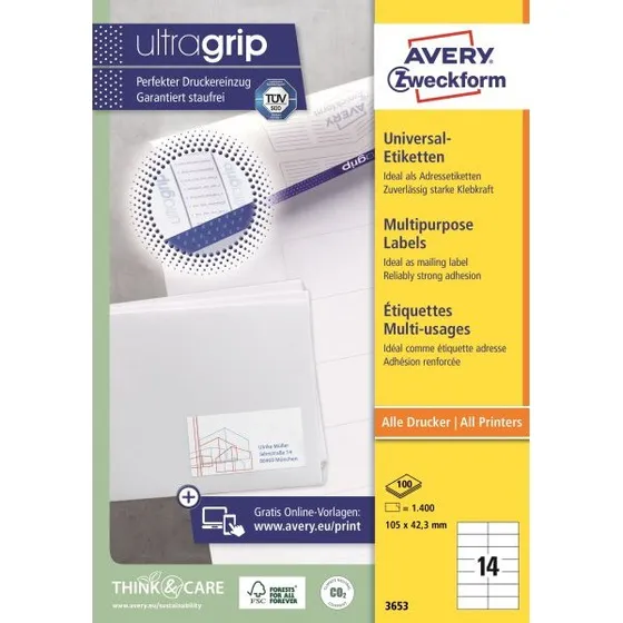 Avery 3653 hvide etiketter 105 x 42,3 mm (100 ark, 1400 stk)