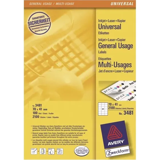 Avery 3481 hvide etiketter 70x41 mm, 100 ark