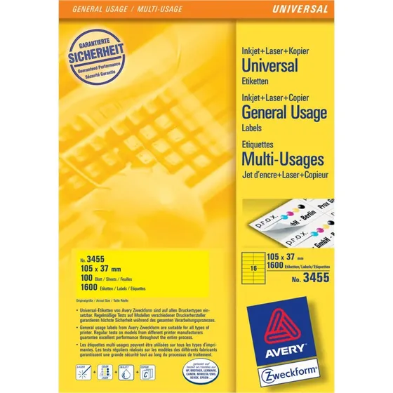 Avery 3455 permanente gule etiketter 105 x 37 mm – 100 ark