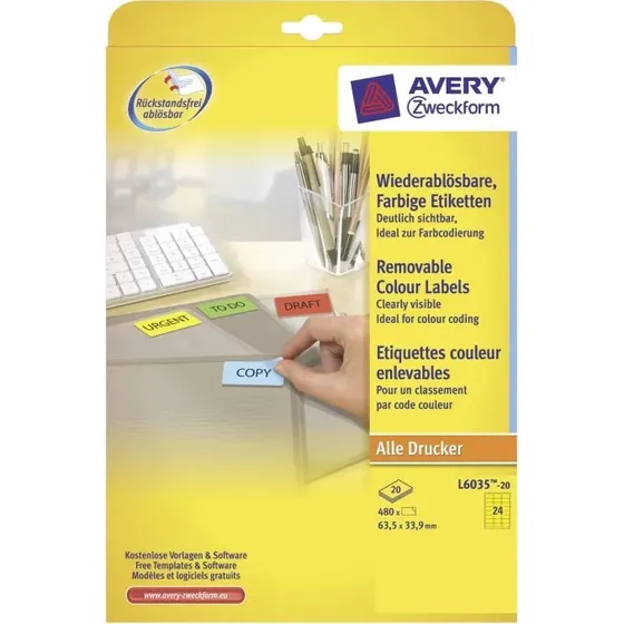 Avery L6035-20 aftagelige gule etiketter 63,5x33,9 mm