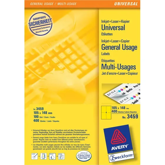 Avery 3459 etiketter 105x148 mm gul, 400 stk