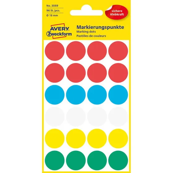Avery Etiket Ø18 mm 3089, 96 stk, assorterede farver