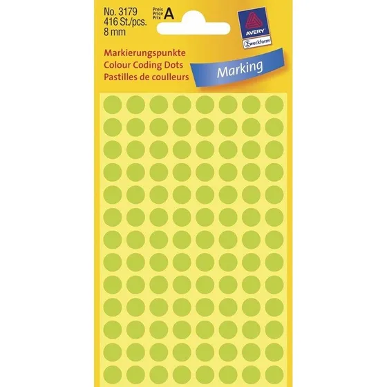 Avery 3179 runde etiketter Ø8 mm neon grøn, 416 stk