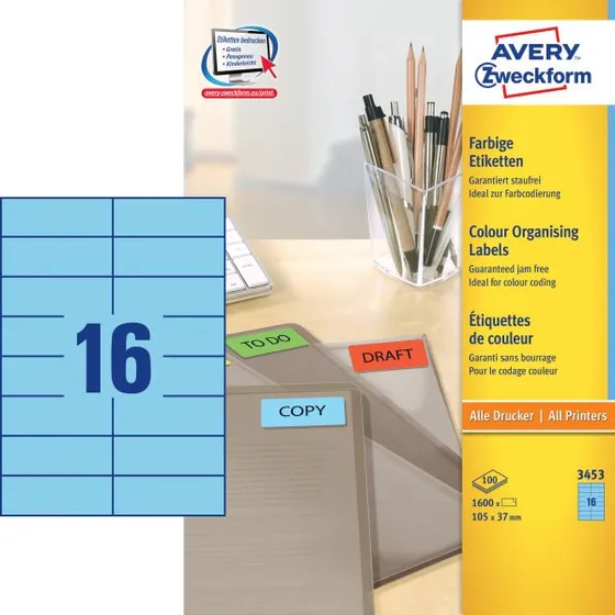 Avery 3453 Etiketter 105x37 mm Blå — 1600 stk.