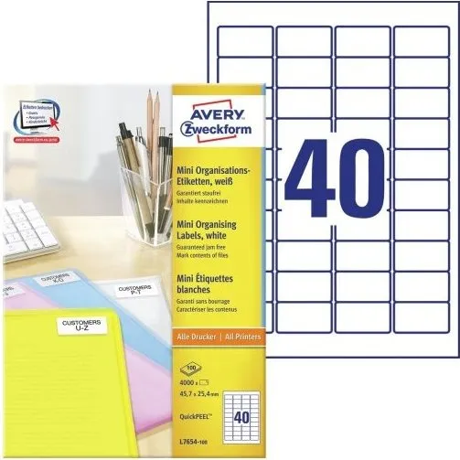 Avery L7654-100 adresseetiketter 45,7x25,4 mm hvid, 100 ark