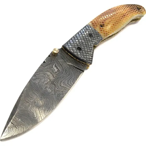 Håndlavet Damascus foldekniv med kamelben og messing