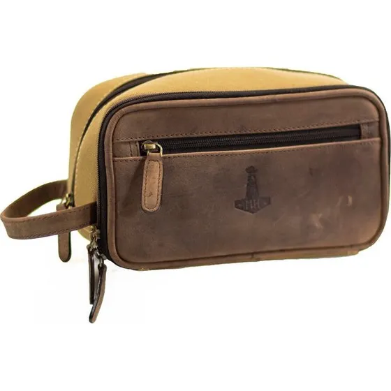 Valhalla Toilet Bag Classic i sandfarvet kanvas og brunt læder