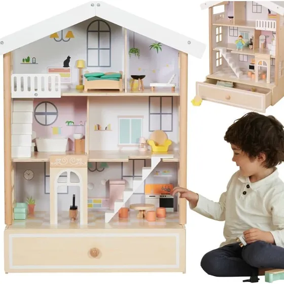 CLASSIC WORLD Stort dukkehus i træ med 2 figurer (naturligt træ)