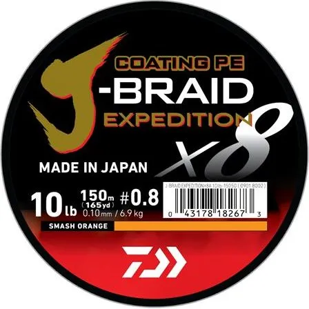 Daiwa J-Braid Expedition X8 Fletline, Orange, 0,10 mm, 150m