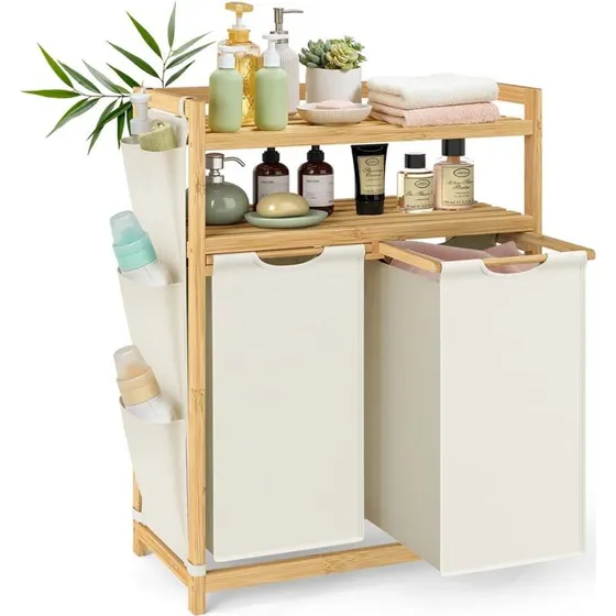SONGMICS Vasketøjskurv med 2 rum, Bambus & Hylder, Creme, 63x33x98 cm