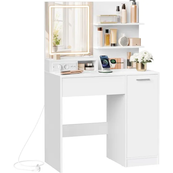 Garderobebord med LED-spejl, 40x80x132 cm, Hvid