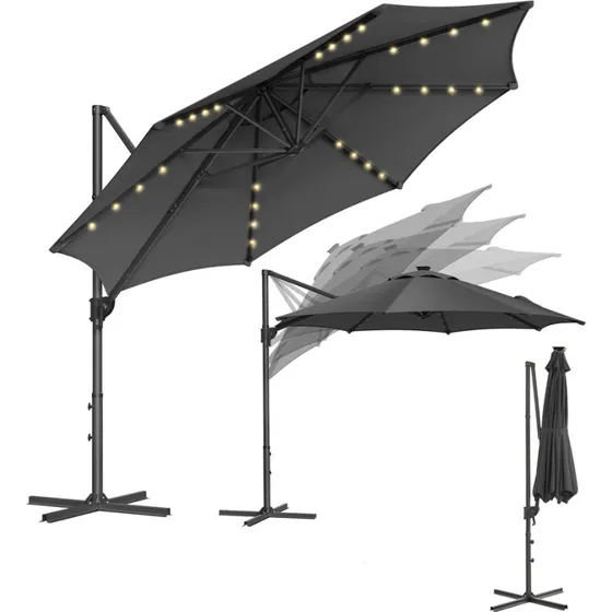 Konsolparasol 300 cm Grå med solcelle-LED