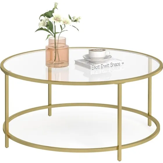 Rundt sofabord i guld og hærdet glas, 84x84x45,5 cm