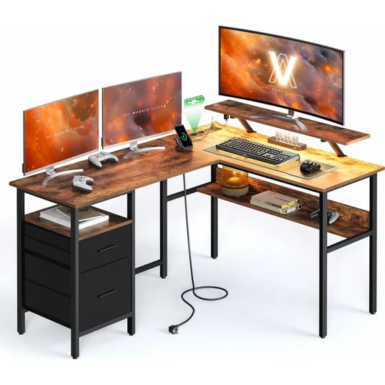 L-formet skrivebord med LED og USB, 150x120x76 cm