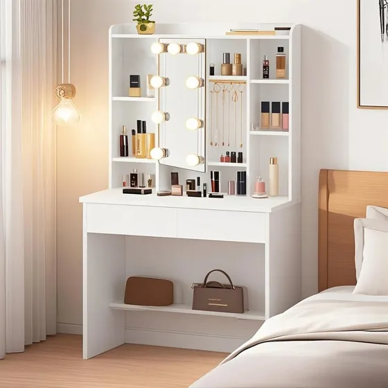 Garderobebord med LED-lys, 90x40x144,7 cm, Hvid