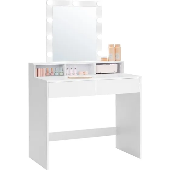 Makeup-toiletbord med lysspejl, 80x40x145 cm, Hvid