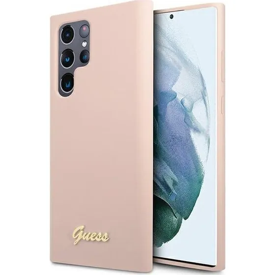 Guess S23 Ultra Silicone Script Metal Logo Cover - Pink