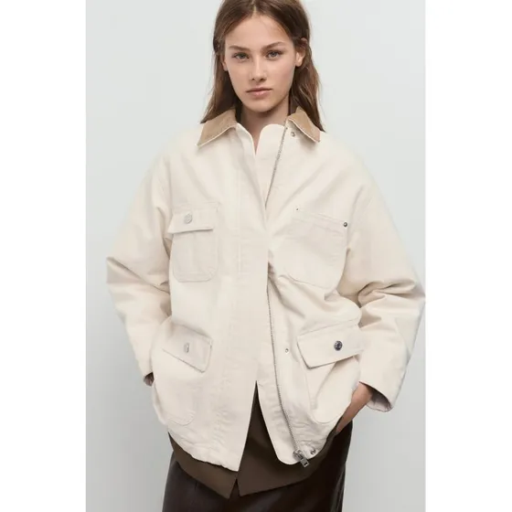 Mango Denim-parka med kordfløjls-krave, off-white