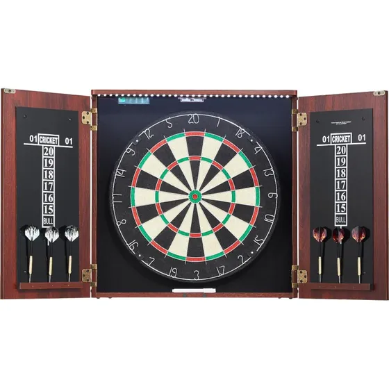 Dartskabssæt med LED-lys og Sisal-dartskive 45x3,8 cm