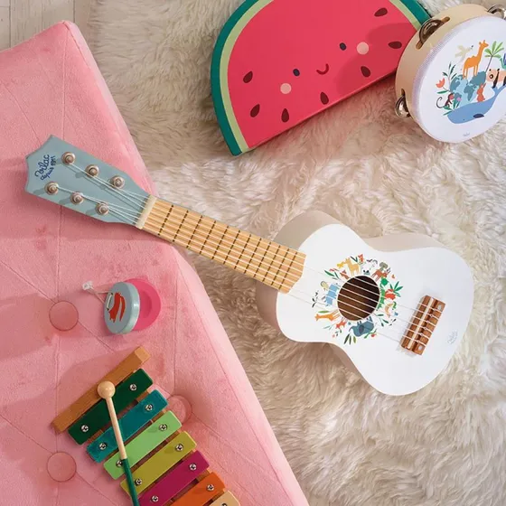 Vilac Guitar med Dyr (hvid) – Legetøjsguitar af Sarah Betz