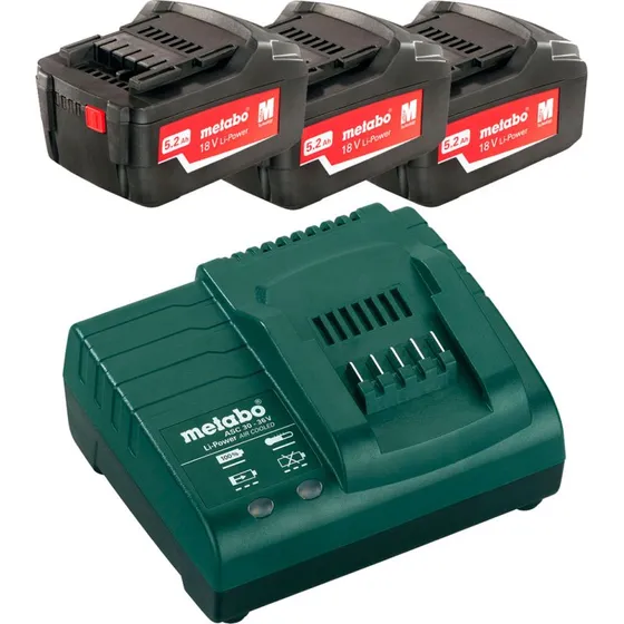 Metabo 18V Li-Ion 5,2 Ah — 3x batterier + oplader