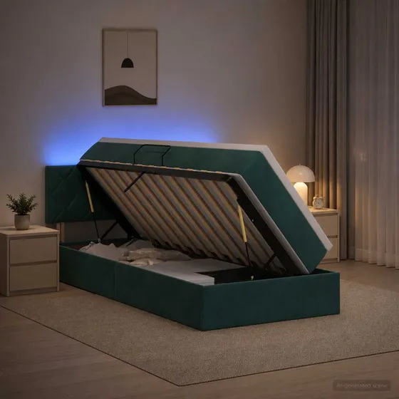 vidaXL LED opbevaringsseng med madras, mørkegrøn fløjl, 100x200 cm