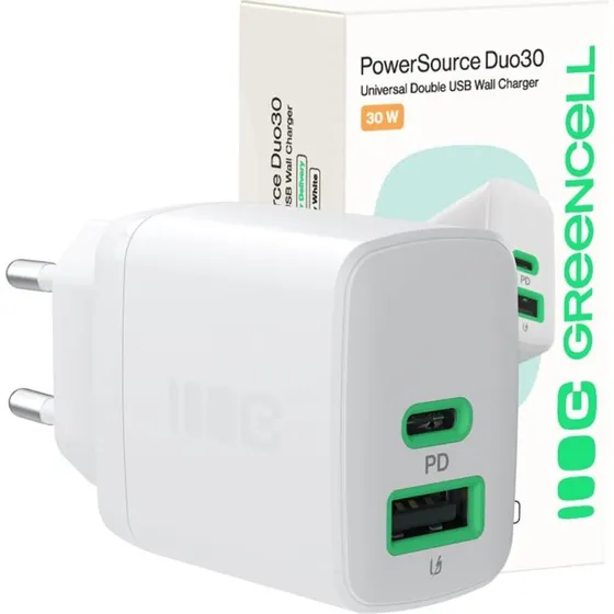 Green Cell PowerSource Duo30 30W Adapter - USB-C & USB-A - Snehvid