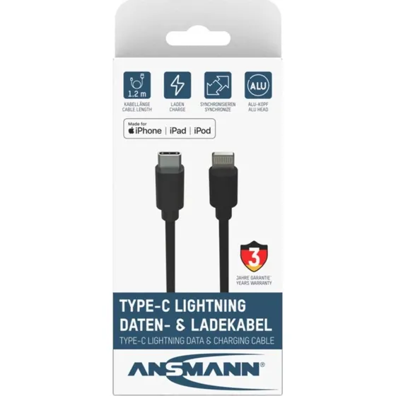 ANSMANN USB-C til Lightning-kabel 1700-0106, sort, 0,12 m