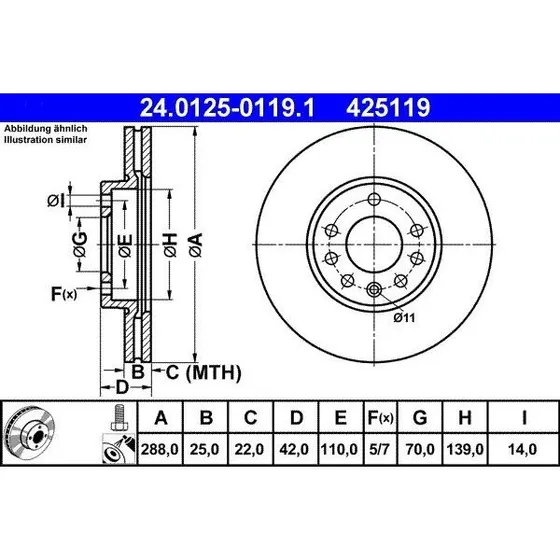 ATE Bremseskiver til Opel, Saab & Vauxhall - 288mm (24.0125-0119.1)