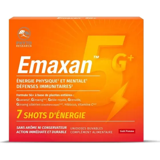 PhytoResearch Emaxan 5G+ Energi- og immunforsvarsskud, æblesmag