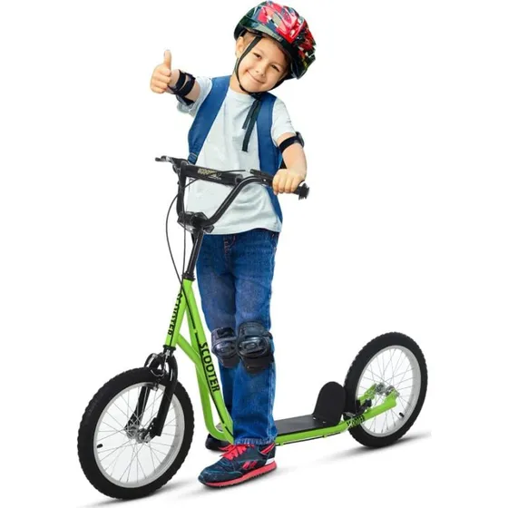 Børnescooter 16" med luftgummidæk og håndbremse, grøn