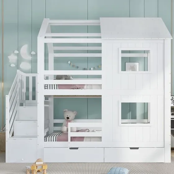 Hvid Køjeseng 90x200 cm med trappeskab og opbevaring