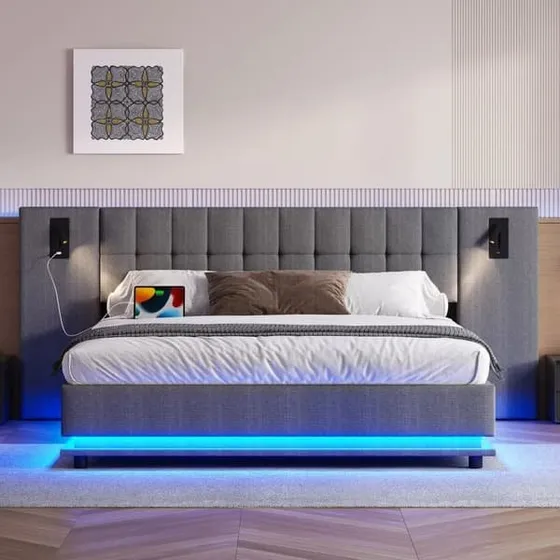 Polstret seng 180x200 cm i grå linned med LED og USB