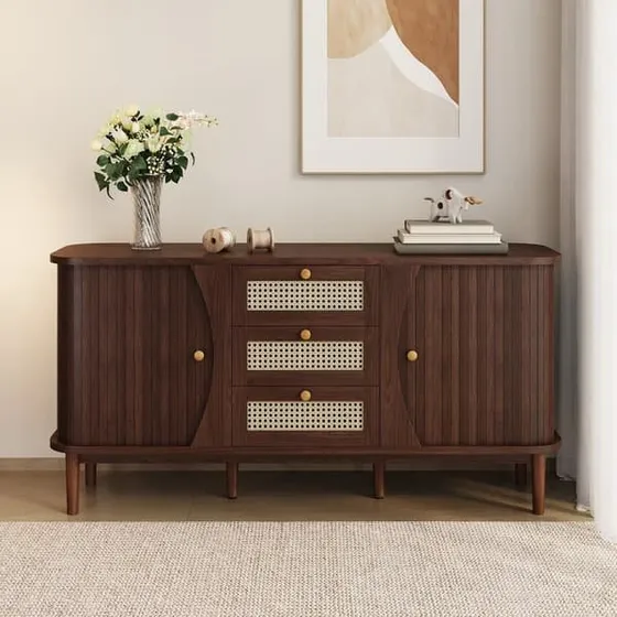 Skænk i rattan-stil med skuffer og skydelåger, 140,5 cm