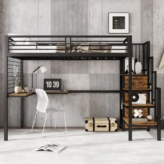 Multifunktionel Køjeseng 90x200 cm med skrivebord og garderobe - Sort