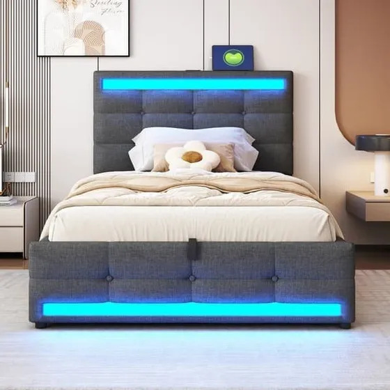 Polstret enkeltseng 90x200 cm med USB, LED og opbevaring - Grå