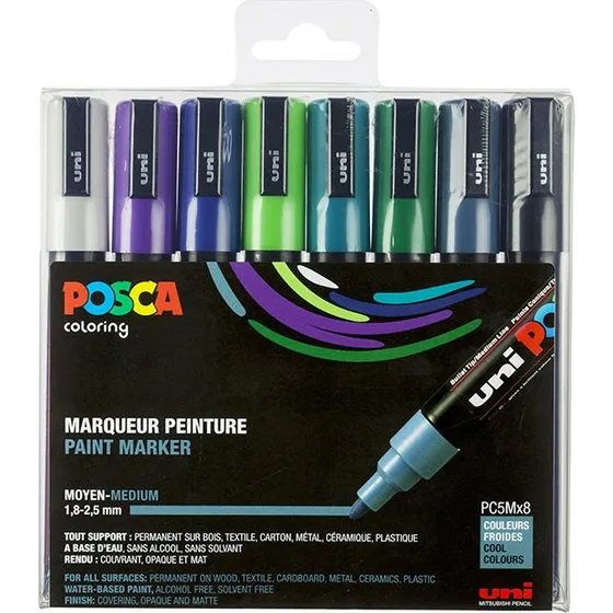 Uni Posca PC-5M Cool Colors - Sæt med 8 tusser