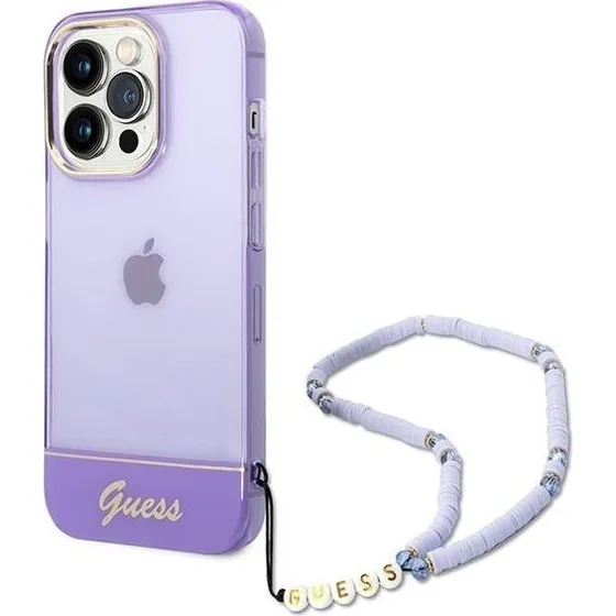 Guess iPhone 14 Pro Etui med Translucent Pearl Strap - Purple